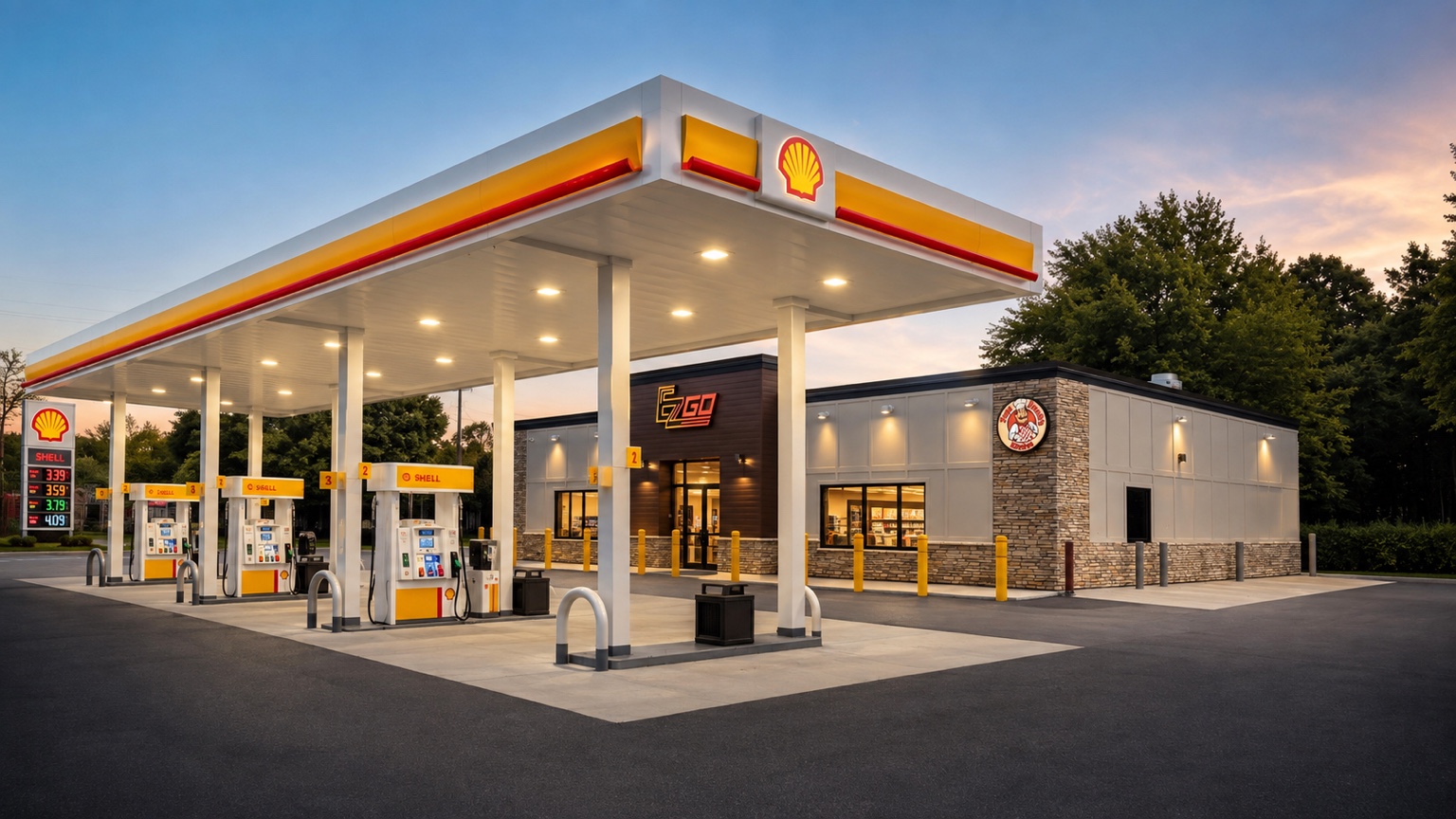 EZ Go Gas Shell fuel canopy and convenience store with Papa Frank's sign, lit at dusk