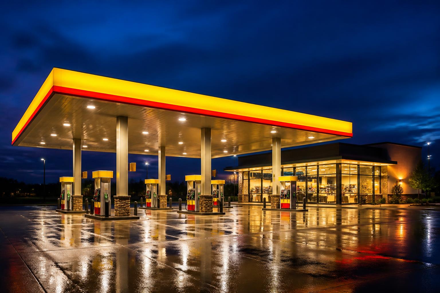 EZ Go Gas fuel canopy and convenience store lit at dusk
