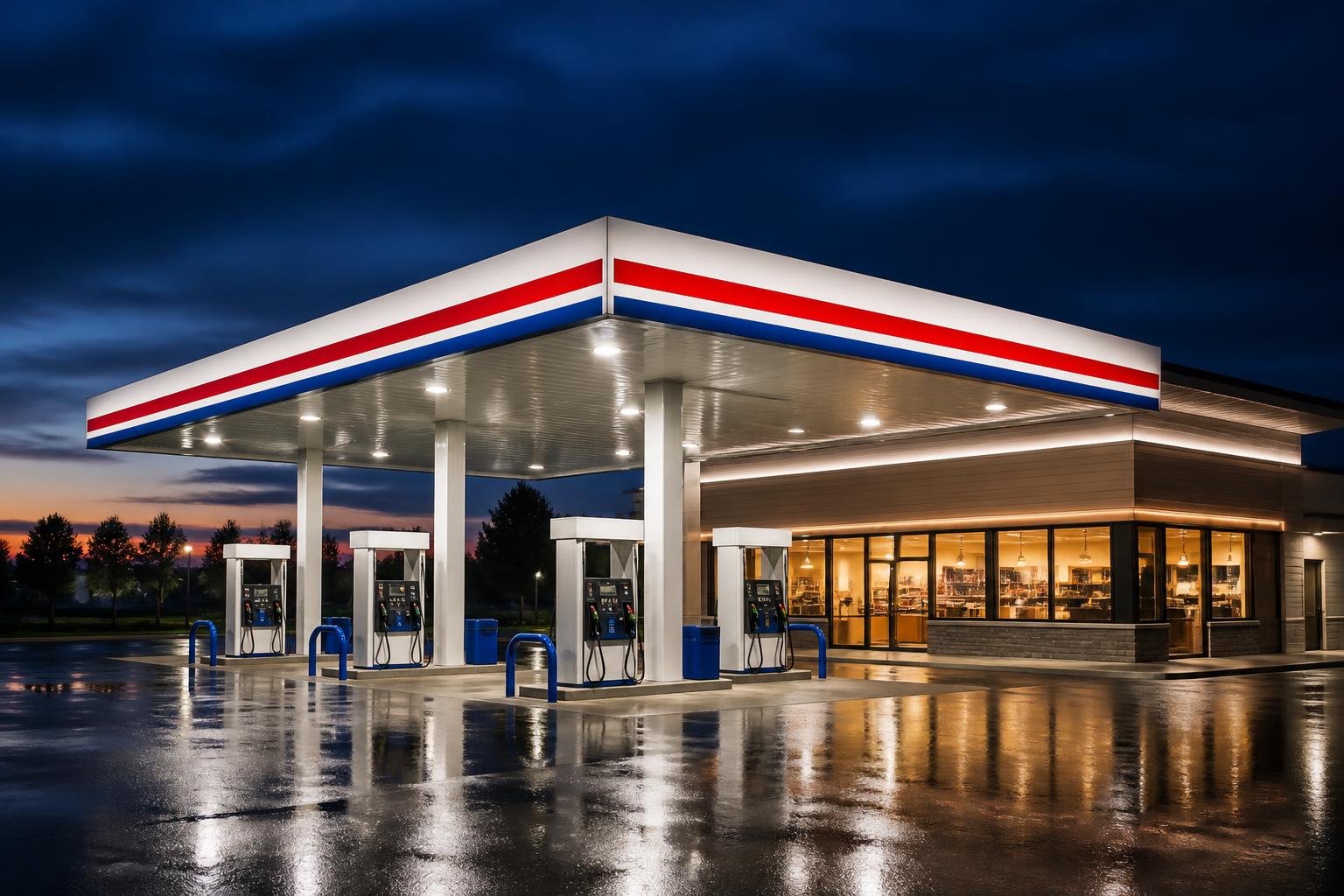 Shorty's #3 fuel canopy and convenience store lit at dusk